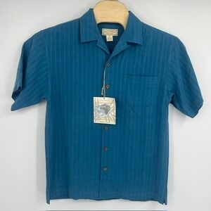NWT Boca Classics Men's Silk Camp Shirt Teal Blue Windowpane Grid Short Sleeve